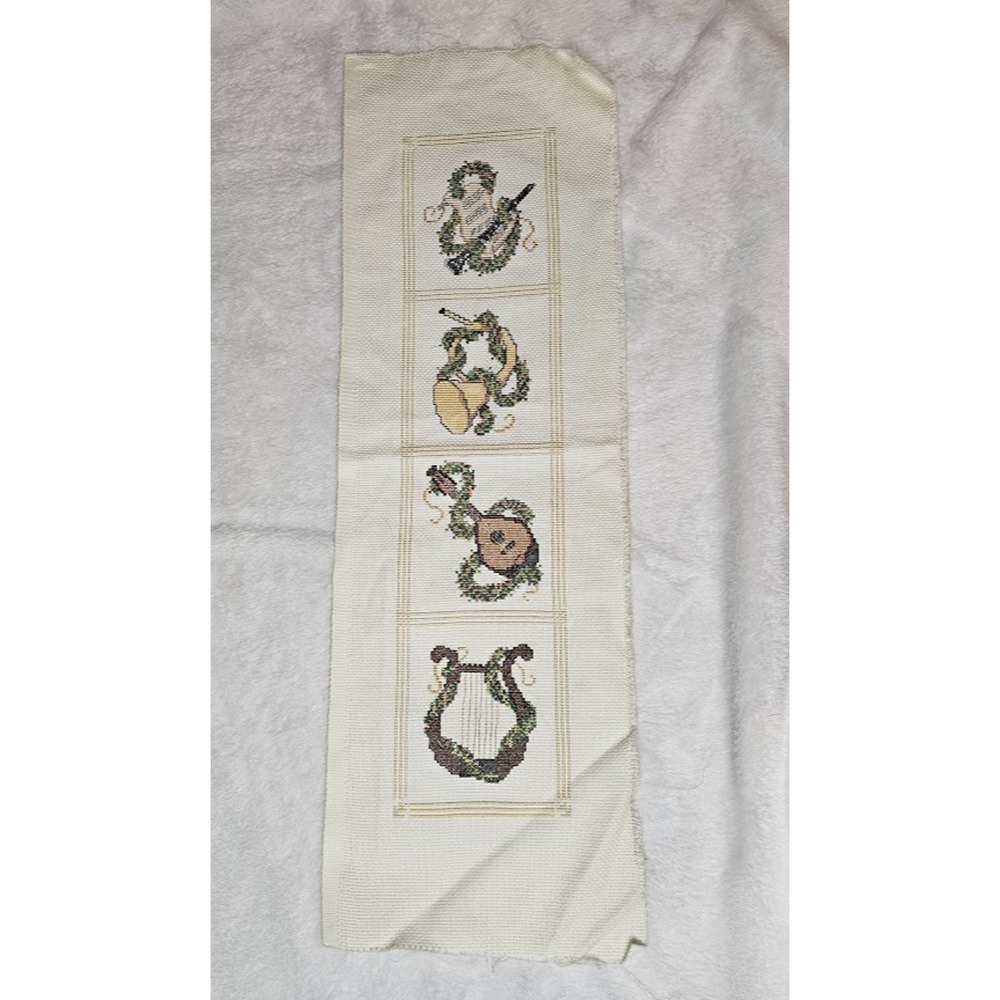 Cross Stitch Christmas Musical Instruments 8 in X 24 in Completed Harp Horn Oboe